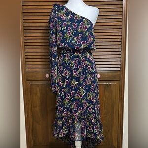 Express Navy Pink & Green Floral One-Shoulder Hi-Low Dress Maxi Size L